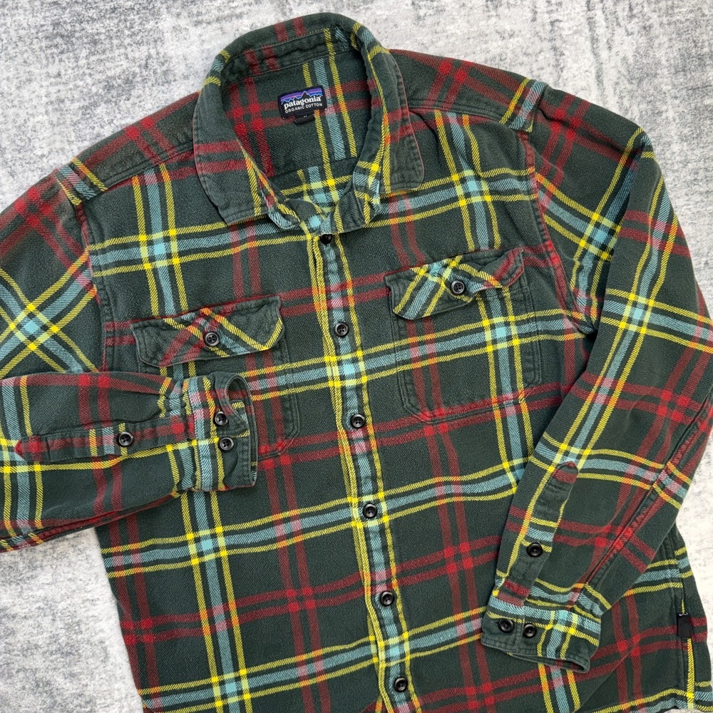 Patagonia Fjord Flannel Shirt Mens Medium Green Plaid Organic Cotton Overshirt